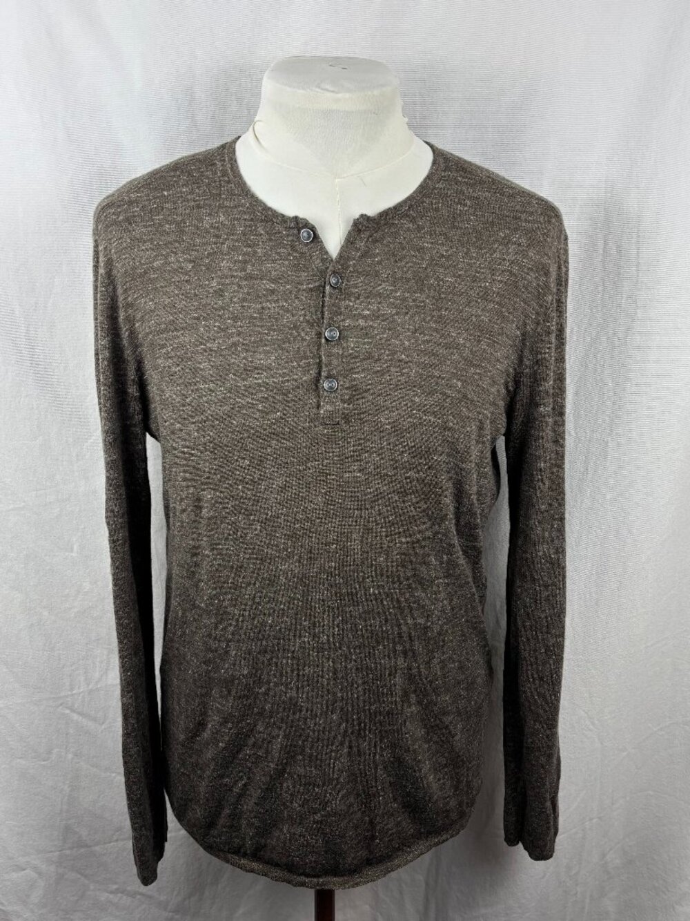 John Varvatos Brown Linen Blend Henley Sweater Long Sleeve Knit Men's Large